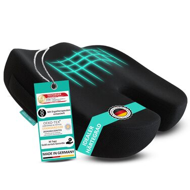 Ортопедична подушка для сидіння Goldschmieds® - для офісного крісла, авто та ін. - Знімає навантаження зі сідничної кістки, знеболює та покращує кровообіг. Made in Germany. Підходить для ваги 50-95 кг. Чорний пінополіуретан (Memory Foam)