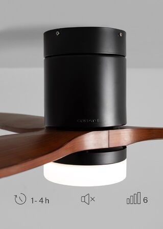 Стельовий вентилятор CREATE WINDCALM з LED-освітленням та пультом ДК, 40 Вт, Ø112 см, 6 швидкостей, 3 режими світла, режим літо/зима, чорний з темним деревом