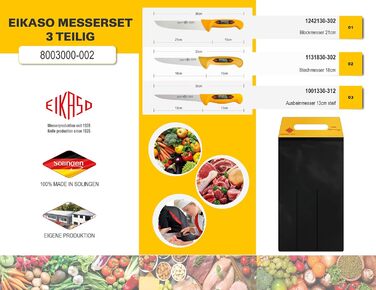 Професійний набір м'ясницьких ножів EIKASO Solingen, 3 предмети, молібденова сталь 1.4116, криогенне загартування, нековзка ручка, жовтий колір