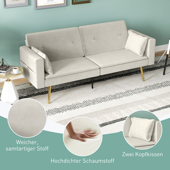 HOMCOM Sleeper Sofa, Convertible Sofa with Adjustable Backrest, Side Pocket, Upholstered 2-Seater Sofa Bed with Sleeping Function, Cushions, for Living Room, Bedroom, Beige | Aosom