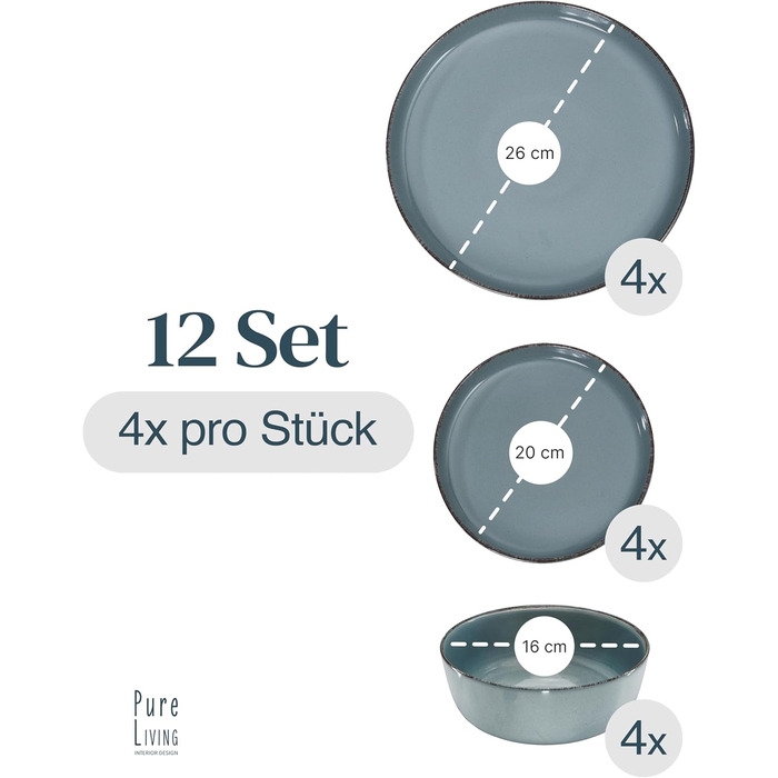 Набір посуду Steingut для 4 осіб, 12 предметів, Rustic стиль, Pure Living, Раухблау (димно-блакитний)
