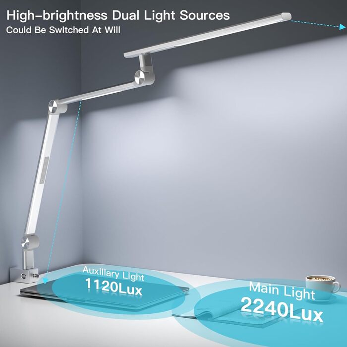 VERSKI LED Desk Lamp - Dimmable 18W Dual Light Source, Eye Protection, Daylight Lamp with 5 Color Temperatures & Adjustable Brightness for Home Office & Office - Silver
