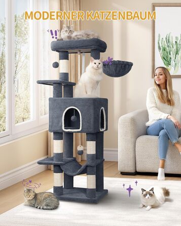 Дерево для котів Hzuaneri, 149 см, з 5 стовпчиками для шліфування, великими платформами, гніздом-хованкою, багатоярусне, з помпонами, MS14918LG (темно-сірий)