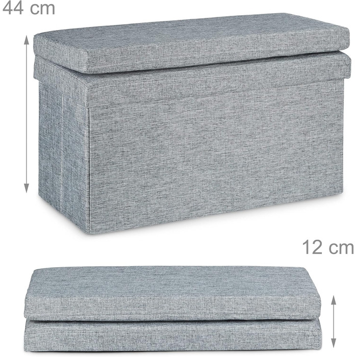 Складаний пуф Relaxdays з спинкою, 73x76x38 см, сіра лавка-скриня з лляної тканини, з місцем для зберігання та кришкою