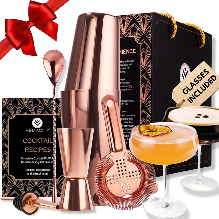 Набір для коктейлів з шейкером та 2 бокали Мартіні, рожеве золото, аксесуари для бармена, подарункова коробка з рецептами