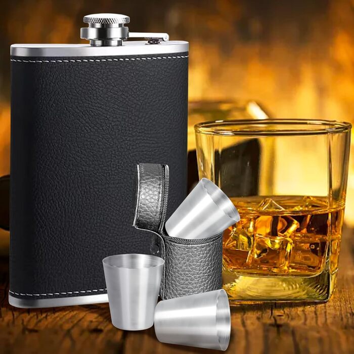 Фляга сталева 8oz (2 шт.) з воронками, келихами та сумкою, чорна - DALAETUS