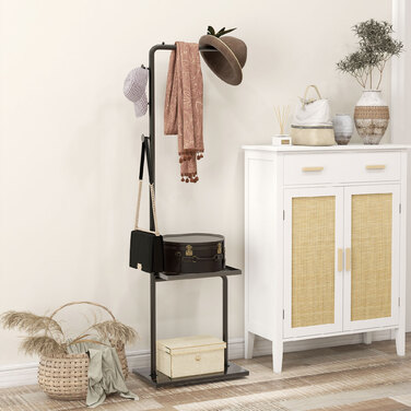 HOMCOM Coat Rack Clothes Rack with Hooks & Tray for Clothes & Hats, Hallway & Entrance, 45x28x148 cm Black