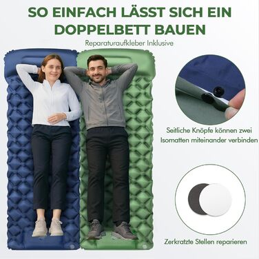 Надувний килимок для кемпінгу самонадувний Ultraleichte 195x60 см з вбудованою подушкою та помпою, водонепроникний, зелений