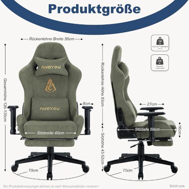 Ігрове крісло Andyou з підставкою для ніг, ергономічне, дихаюче, регульовані подушки для попереку і голови, підлокітники, навантаження до 150 кг, зелений комп'ютерний стілець