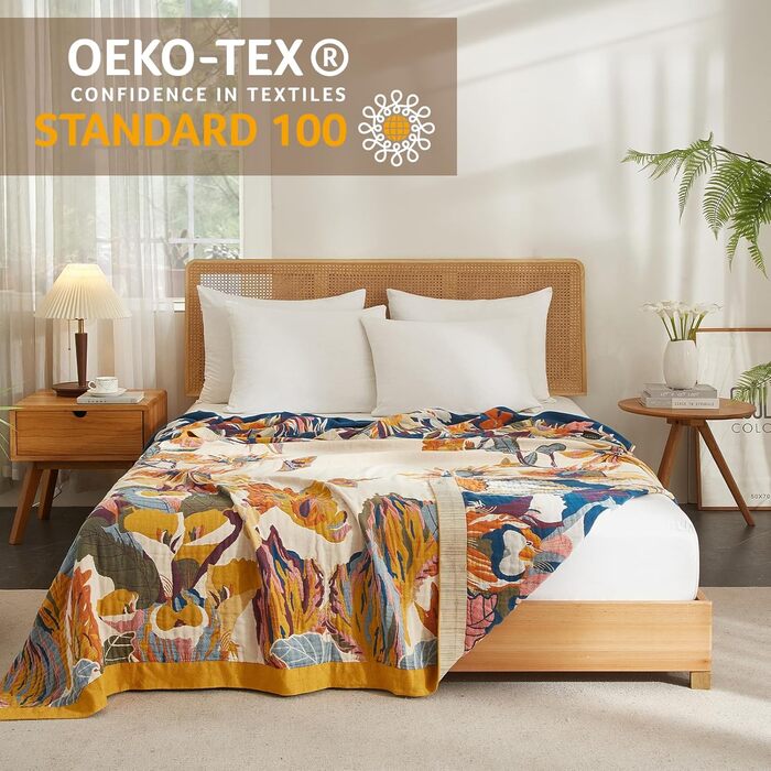 Богемна ковдра Softexly Boho Decke 100% бавовна – двостороння муслінова ковдра 150x200 см, м'яка софа та ковдра на ліжко, естетичний дизайн, ідеально підходить для вітальні та спальні, Orange/Grün Blütentraum (230 x 250 см, Sommertanz)