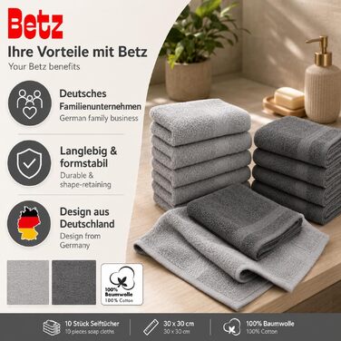 Набір мийних серветок Betz Premium зі 100% бавовни, 10 кольорів (антрацит та сріблясто-сірий), 30x30 см, 10 шт.