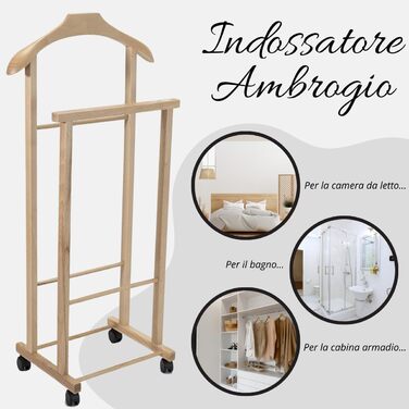 Tomaino - Valet's Bedroom in Wood - Clothes Rack with Wheels Ambrogio - Modern Valet for Clothing and Accessories (Natural)