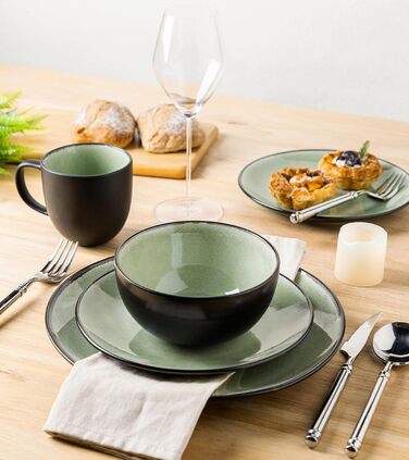 Набір посуду GBhome з реактивної глазурі для 6 осіб (18 предметів), ручної роботи, керамічний, мікрохвильова та посудомийна машина, зелений колір