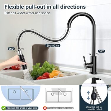 Чорний кухонний змішувач з висувною лійкою, 360° поворот, нержавіюча сталь, гаряча/холодна вода, G3/8'', 2 режими струменя