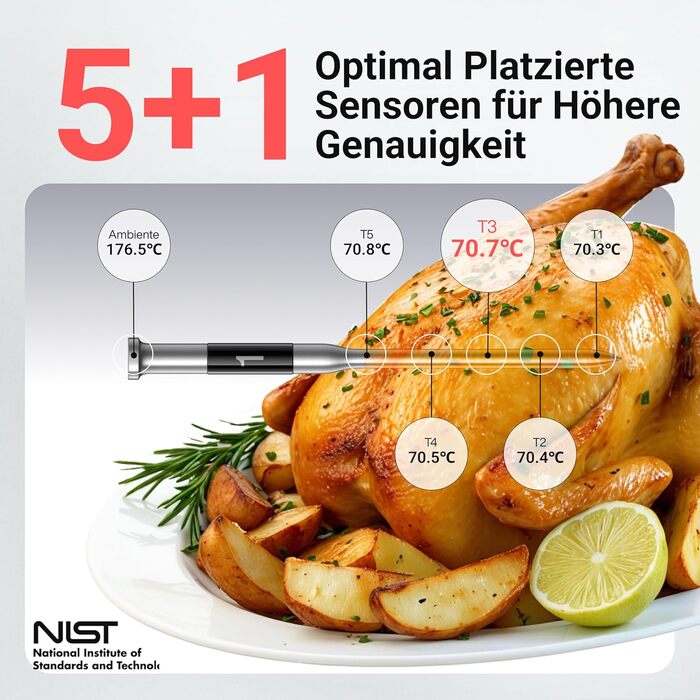 ThermoMaven P2 Розумний термометр для м'яса бездротовий Bluetooth 5.3, 6 сенсорів, Wi-Fi моніторинг, IPX8 водонепроникний, для гриля, духовки, кухні, фритюрниці (1 зонд)