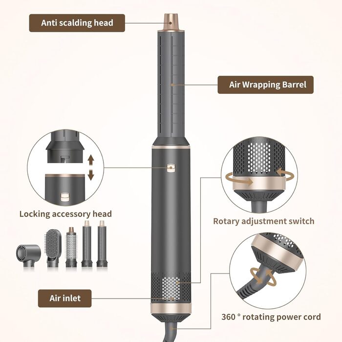 Фен-щітка 5 в 1 для волосся: укладання, випрямлення, завивання. Фен-щітка для жінок з насадкою, об'єм, Eurostecker (Сірий)