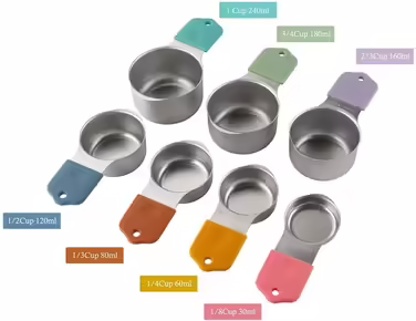 16-Piece Magnetic Stainless Steel Measuring Cup and Set, 7 Robust Cups, 8 Double-Sided with Leveling, Multicolored