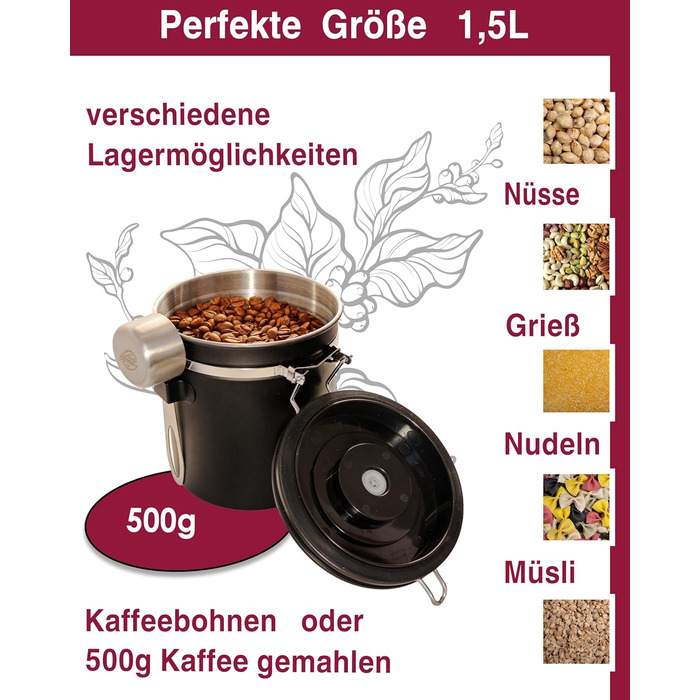 Контейнер для кави Kaffeedose: герметичний, 500г, нержавіюча сталь, 1,5л, з дозатором та календарем, у подарунковій коробці