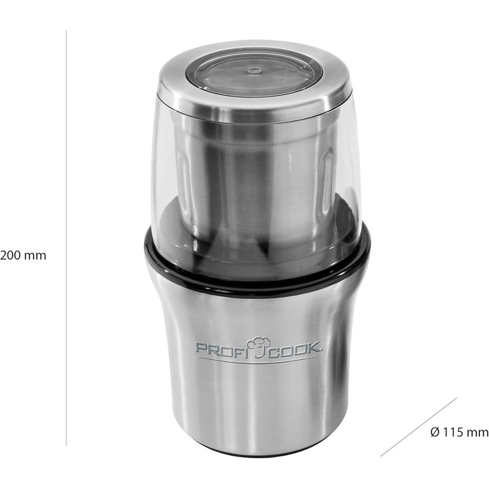 Електрична кавомолка ProfiCook PC-KSW 1021 N, 200 Вт, подрібнювач спецій, корпус з нержавіючої сталі, імпульсний режим, 4-лопатевий ніж для спецій, 2-лопатевий ніж для кави