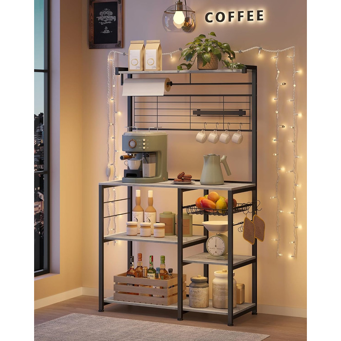 Стелаж кухонний VASAGLE, підлоговий, з магнітною смугою для ножів, кошиком, тримачем для рушників, 12 гачків, вінтажний, коричнево-чорний KKS026B01 (Грейж + Чорний)