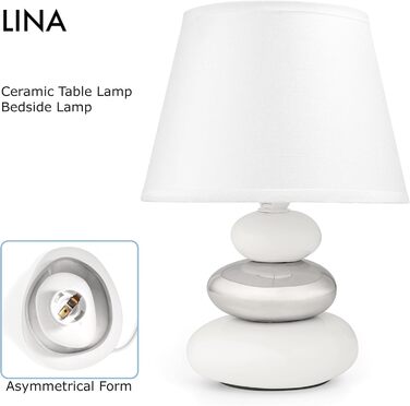 Нічна лампа 'Ліна' - керамічна настільна лампа з абажуром з тканини, сумісна з LED, цоколь E14, 230V, для вікна, дивана, підвіконня (білий/сріблястий)
