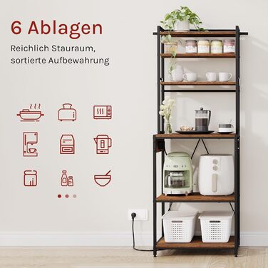 Кухонна полиця WOLTU з 6 ярусами та розетками, мікрохвильова полиця з 6 гачками, полиця пекаря з металевим каркасом, регульовані полиці, Чорний+Рустикальне коричневий, 60 x 167 x 40 см, Чорний+Вінтажний коричневий 60 x 39,5 x 167 см