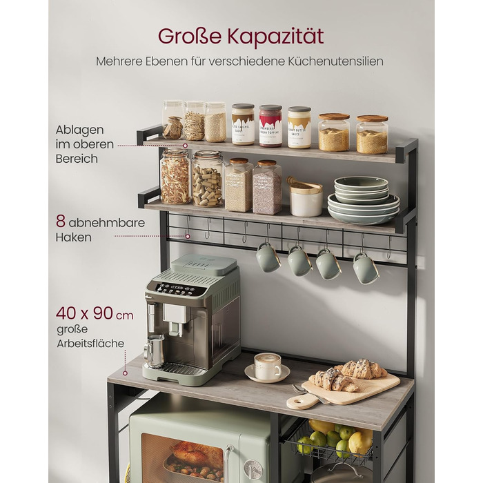 Полиця кухонна VASAGLE з розетками, стелаж для мікрохвильової печі, 8 гачків S-подібної форми, кухонний шафчик, органайзер для спецій, 40 x 90 x 165,5 см, коричневий вінтаж та чорний, KKS031K11