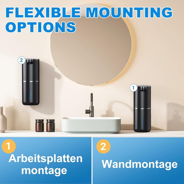 Fantictas Automatic Soap Dispenser Wall Mount with Sensor Infrared, 380ml Electric Soap Dispenser No Drilling with USB Rechargeable, IPX5 Waterproof for Bathroom Toilet Kitchen