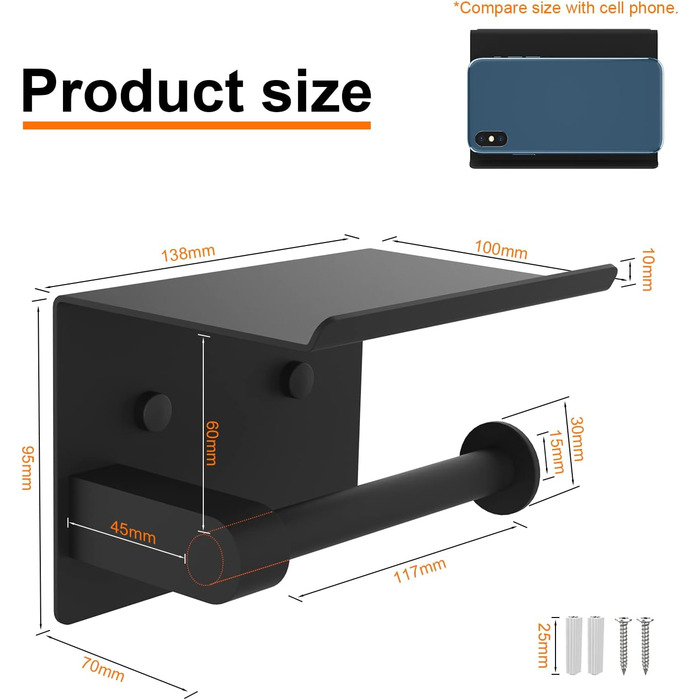 Тримач туалетного паперу Ibergrif з 2 способами монтажу, без свердління, з полицею, нержавіюча сталь, чорний