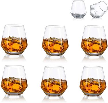 Diamond Whisky Glasses 6-Piece Set - Tilted Scotch Glasses 300 Ml - Modern Look Whisky Glasses for Men, Women, Dad, Husband, Friends, Glassware for Bourbon/Rum/Bar Tumbler - Clear - 6