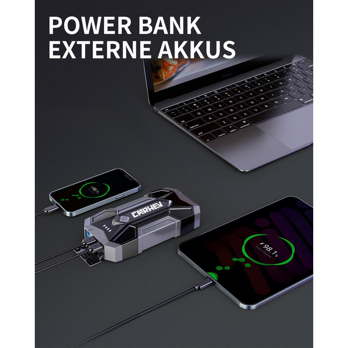 Powerbank для авто Starthilfe: 4500A, 8.0L (бензин/дизель), 12V, LED, Jump Starter з кабелями та 2 USB