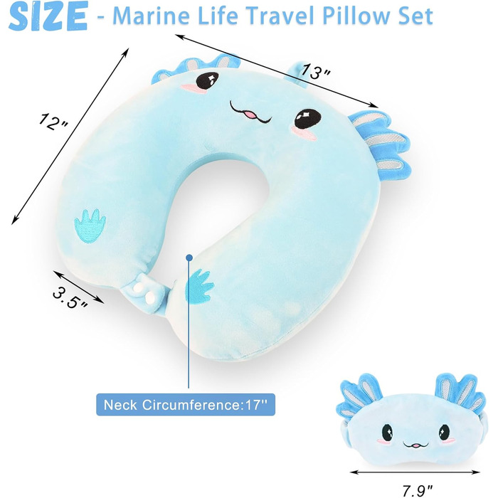 Дитяча подушка для подорожей з маскою для сну, м'яка подушка для шиї з Memory Foam, для дітей, хлопчиків та дівчаток, підлітків, аксесуари для подорожей (Блакитний Аксолотл)