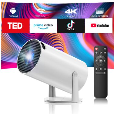 4K Міні проєктор Smart Beamers з WiFi 6, Bluetooth 5.0, поворотний 220°, Android 11.0 для дому та дітей. Підтримка HDMI, TV-Stick, USB, Laptop. Роздільна здатність 6-720p