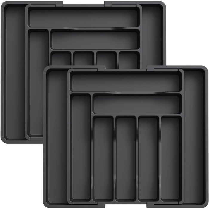 Lifewit Small Cutlery Organizers for Drawers, Expandable Cutlery Insert for Kitchen Drawers, Adjustable Cutlery Box Plastic Cutlery Spoon Fork Knife Holder, 2-Pack, Black