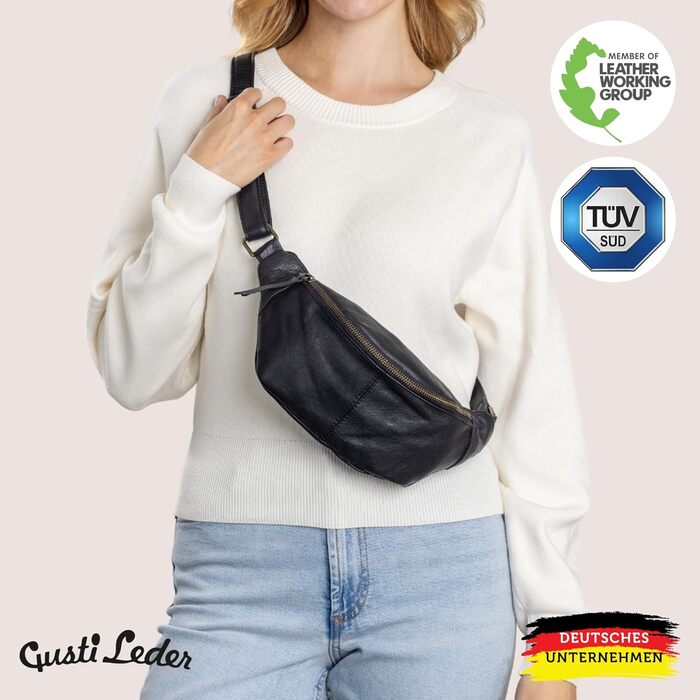 Сумка на пояс Gusti Leder чорна – велика вінтажна сумка через плече для жінок та чоловіків, з натуральної шкіри, регульований ремінь, елегантна для повсякденного використання та подорожей