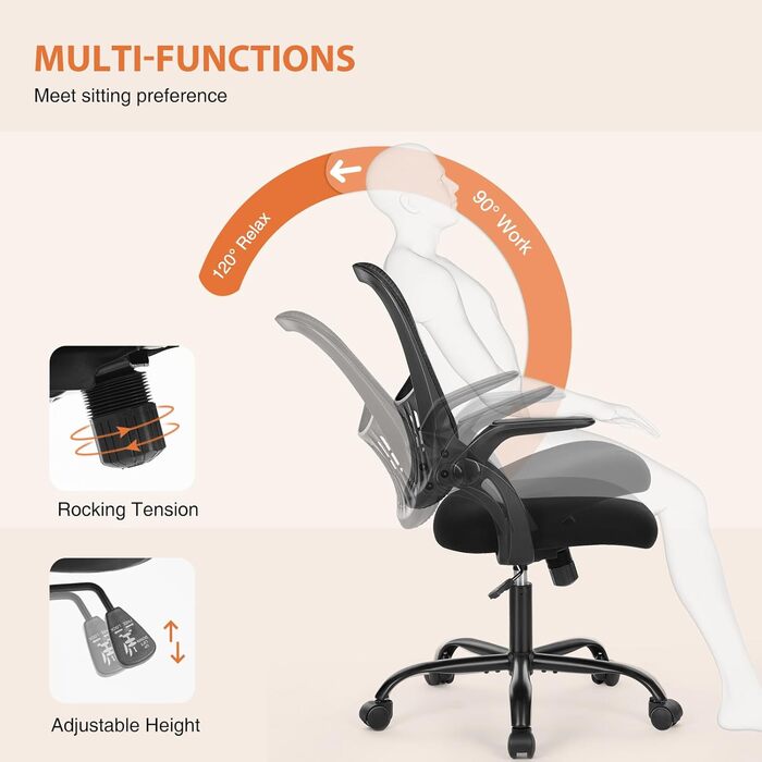 Ергономічне крісло для офісу Sweetcrispy з підйомними підлокітниками, регульованою висотою та функцією гойдання до 120° - чорний (18.5'D x 20.08'W x 41.3'H)