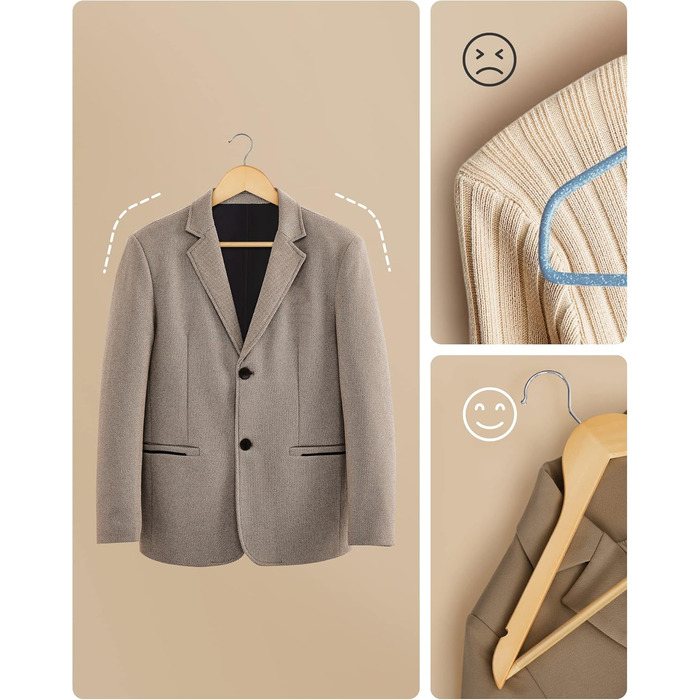 SONGMICS Wooden Clothes Hangers, 30-Piece Set, Solid Wood Hangers, Shoulder Indentations, Non-Slip Trouser Bar, 360° Swivel Hook, for Suits, Shirts, Natural Wood-Silver, CRW031NL