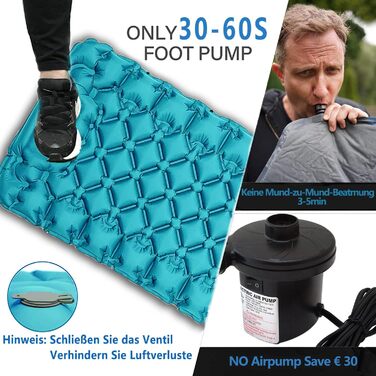 Саморозкладаний килимок для кемпінгу Isomatte - 9 см, надувний килимок для сну, повітряний матрац, туристичний килимок з насосом для авто, намету, трекінгу, пляжу (блакитний/сірий)