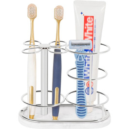 HarJue Bathroom Toothbrush Holder, Metal Toothbrush Organizer with Marble Base, Toothbrush Storage Collection for Family, Suitable for Home, Hotel, Countertop, Vanity (Chrome Finish, Medium)