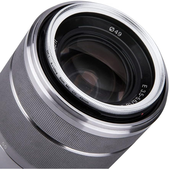 Фільтр JJC UV 49mm, ультратонкий, багатошарове покриття, захист від УФ-випромінювання, для об'єктивів Canon Sony DSLR з різьбою 49mm (Срібний)