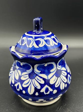 Blue Pottery Sugar Bowl – Hand-formed and painted, ceramic, handcrafted, floral pattern, 6 cm