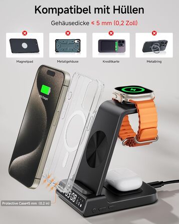 Бездротова зарядна станція 3-в-1 для Apple iPhone 16/15/14/13/12 Pro/Plus, Apple Watch Ultra 2/9/8/7/6/5, AirPods Pro/4/3/2 – Чорна