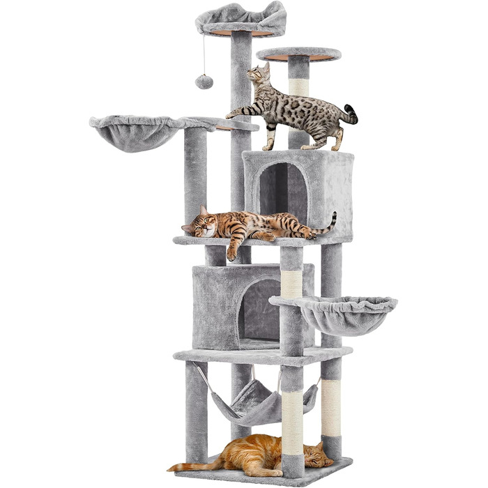 Кігтеточка Yaheetech XXL для котів, 175 см, для 3-4 котів, стабільна, з сизалевими стовпчиками, платформами, гамаком, м'ячиком, сірий колір