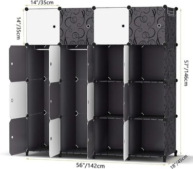 HOMIDEC Wardrobe, Portable Shelving System, 20 Cube Closet made of Plastic with 2 Clothes Rails, Bedroom Wardrobe Closet White for Bedroom, 180 x 142 x 45cm (16 cube, White & Black)