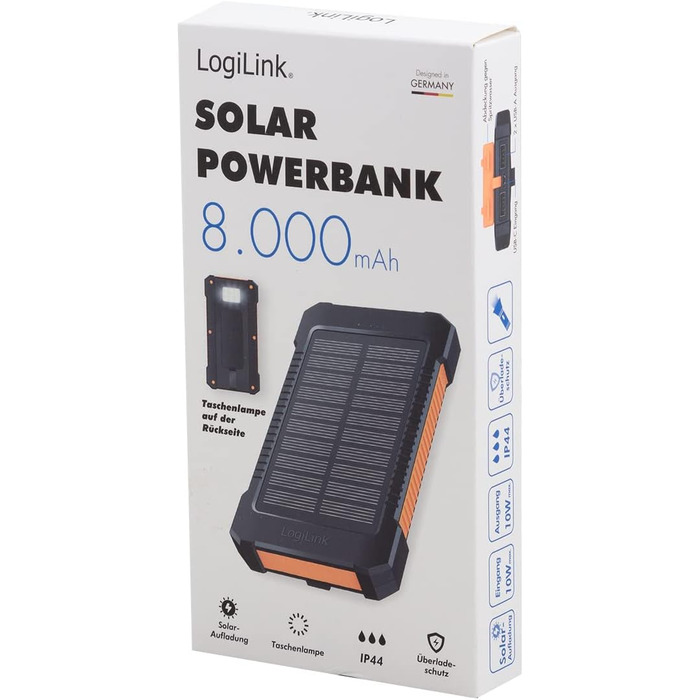 Портативний зарядний пристрій Solar Powerbank 8000 mAh з ліхтариком, чорно-помаранчевий, заряджає 2 пристрої (2x USB Type-A)