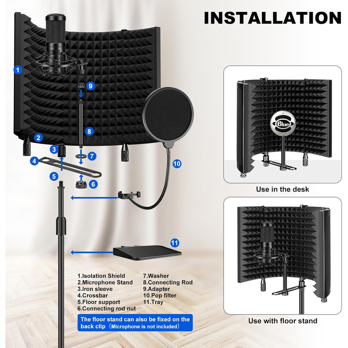 Акустичний ізоляційний екран для мікрофона AOKEO Ao-504 з поп-фільтром та кріпленням, шумопоглинальний захисний щит