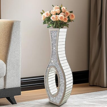 Ваза для квітів напольна 68 см, срібна ваза з кристалом для пампас трави, скляна ваза з дзеркальними діамантами, декоративна розкішна блискуча ваза для вітальні, декор інтер'єру – не для води (13L x 12.5B x 76.5H cm)