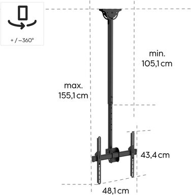 Hama TV Ceiling Mount - Adjustable, Tilting, Swivel, Foldable - Fits TVs 19-65 Inch - Black (Single)