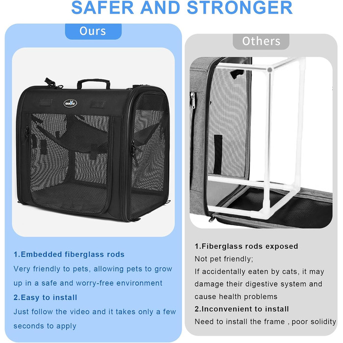 Складана переноска для котів Wakytu велика, 89x35x43 см, для 2 котів, 2-в-1 переноска та автокрісло, безпечна та провітрювана, підходить для подорожей, ветеринара, для маленьких собак та котів. Чорний колір.