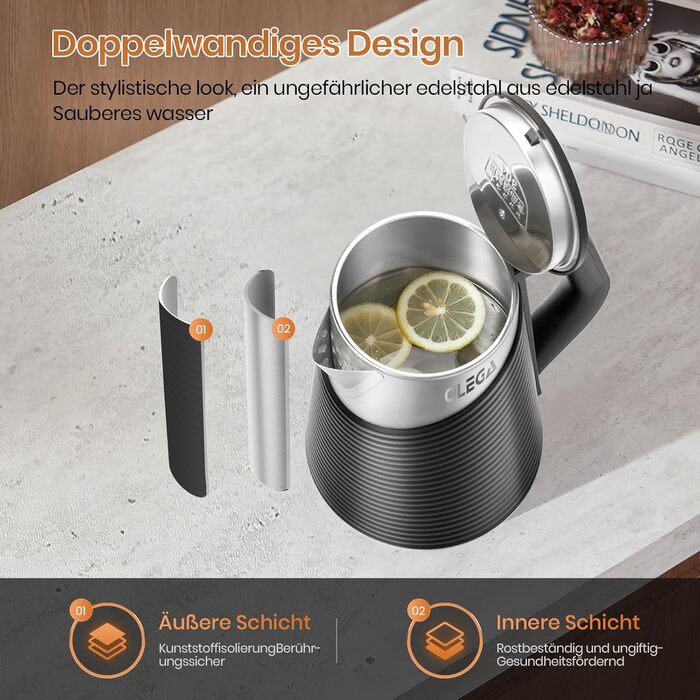 Електричний чайник OLEGA 1.8 л, 1800 Вт, швидкий нагрів, чорний, BPA Free